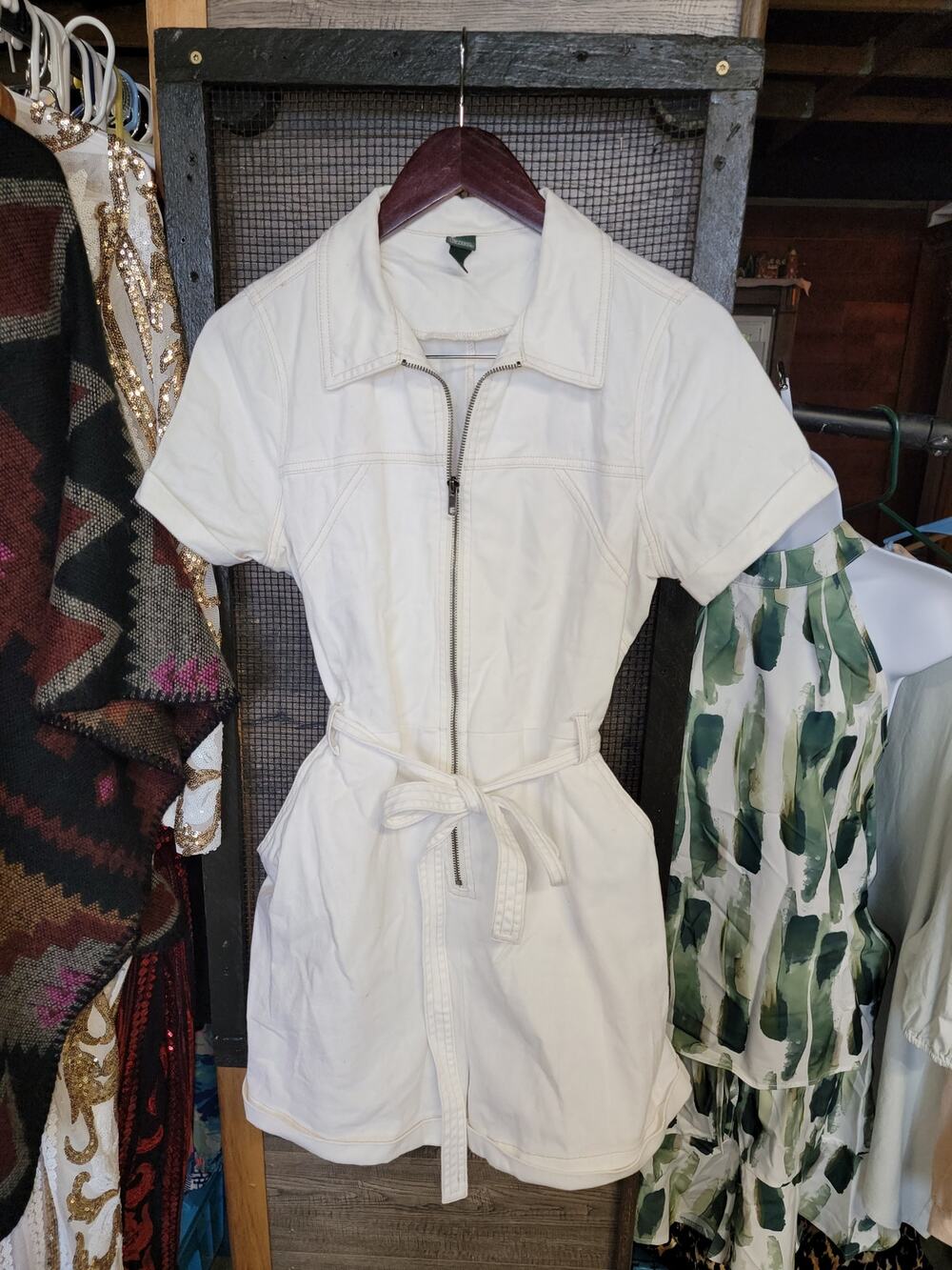 Wild Fable Medium White Belted Jean Romper Cowgirl Western Rodeo Festival NFR